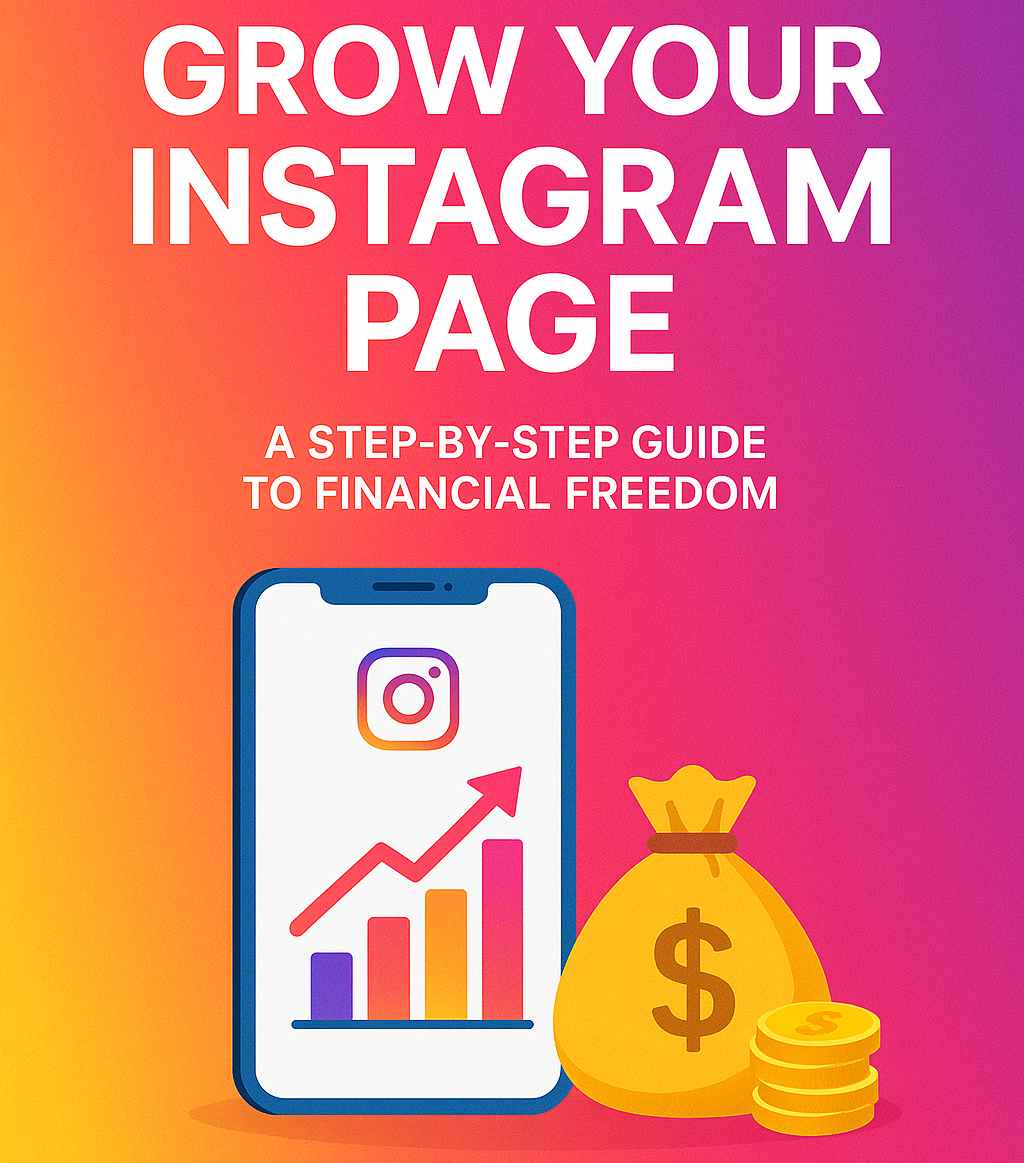 Book cover of 'Grow Your Instagram Page' with smartphone, graph, and money bag on gradient background